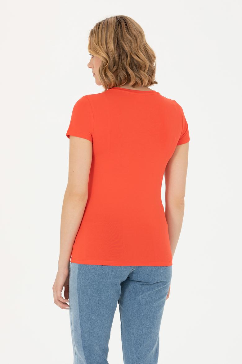 Kadın Kırmızı Basic Bisiklet Yaka Tişört - 50262656029