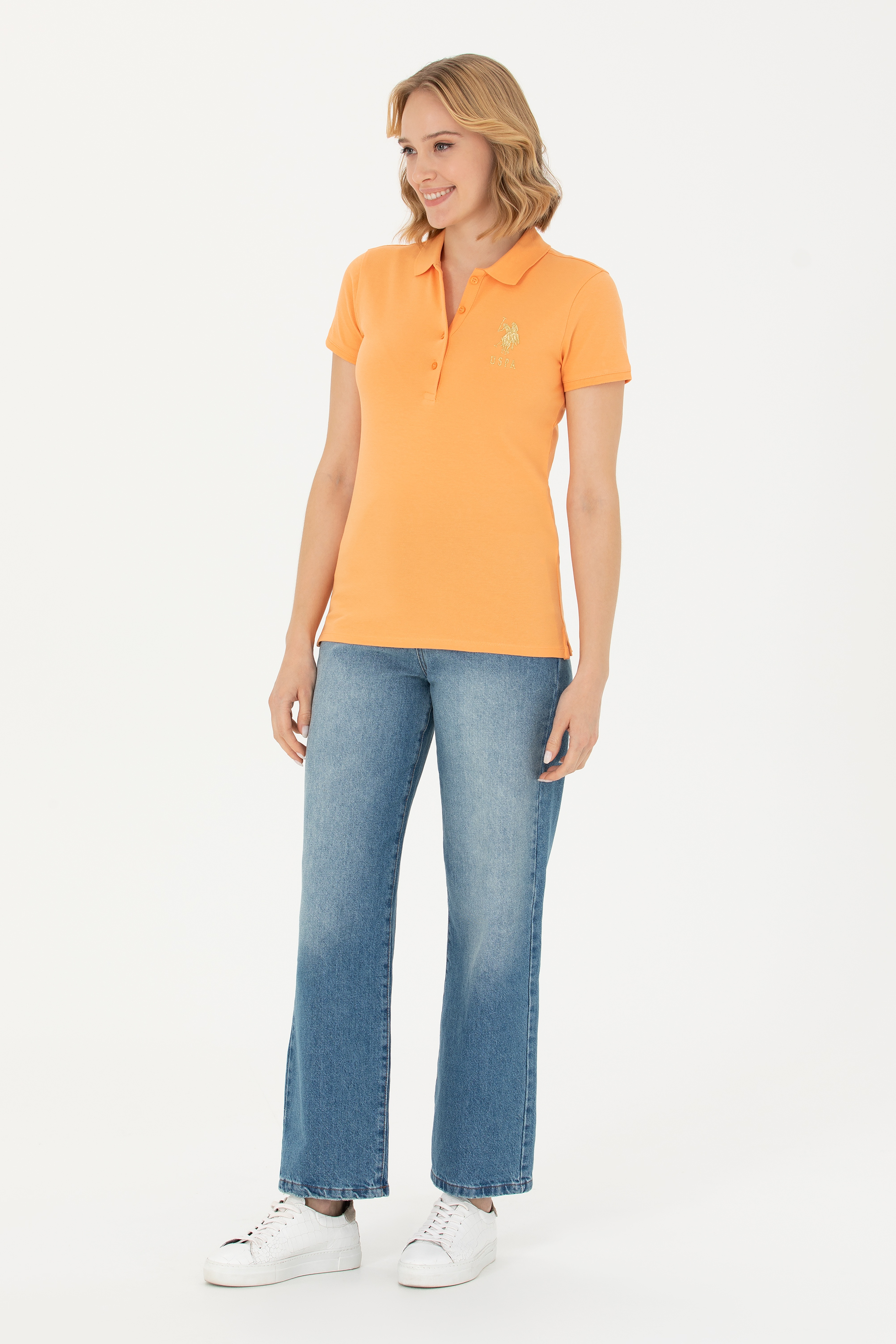 Kadın Turuncu Basic Polo Yaka Tişört - Image 4