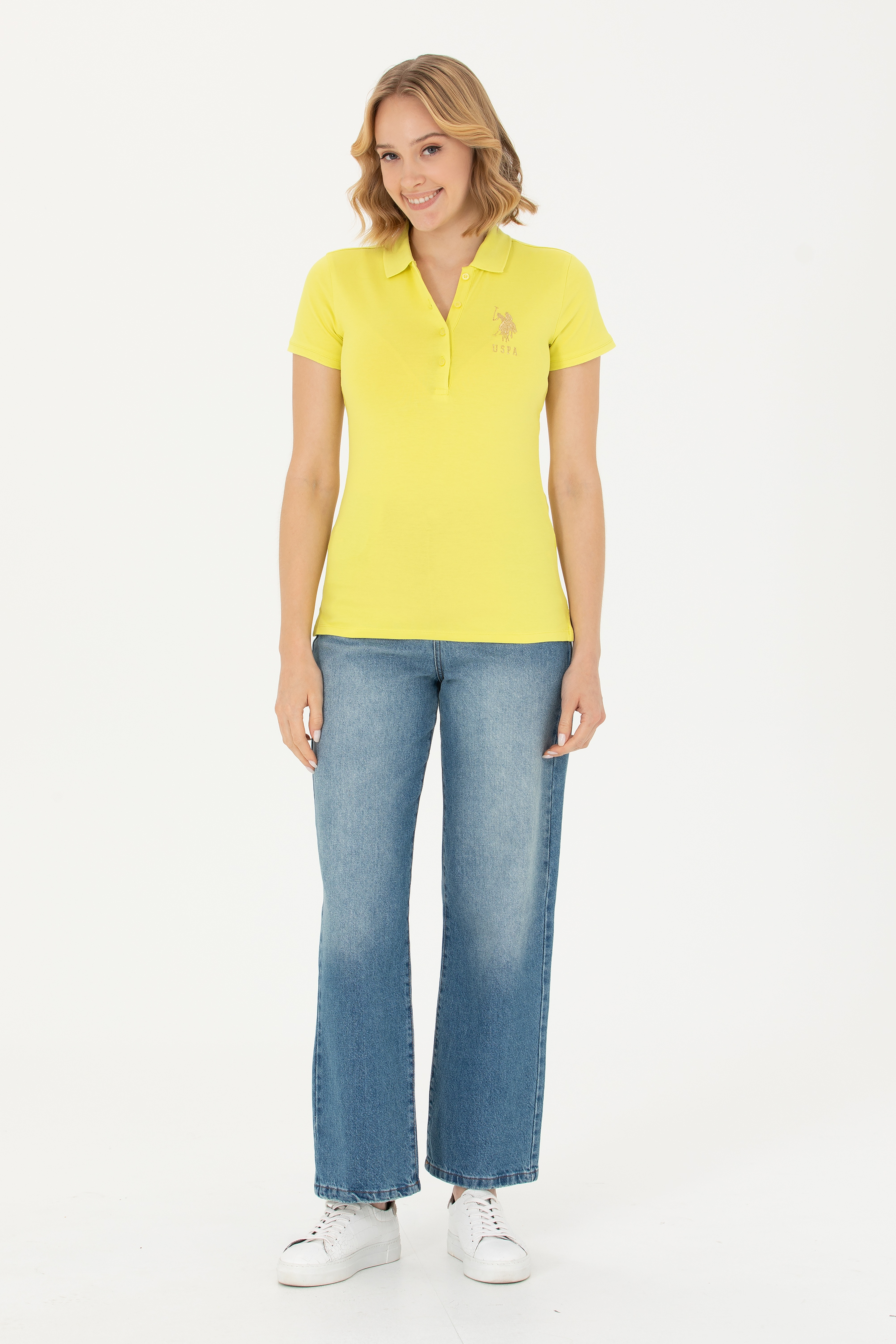 Kadın Neon Sarı Basic Polo Yaka Tişört - Image 4