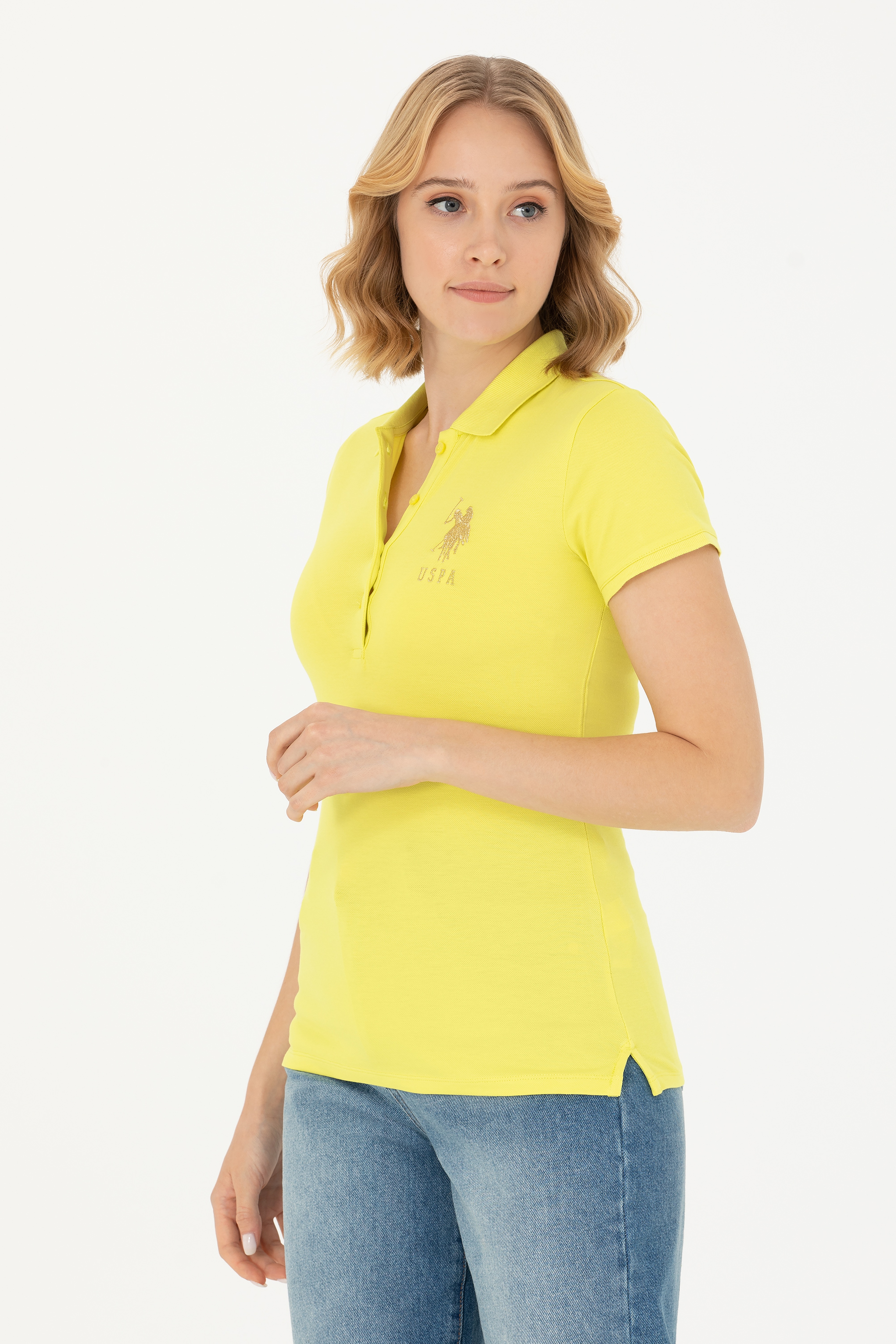 Kadın Neon Sarı Basic Polo Yaka Tişört - Image 3