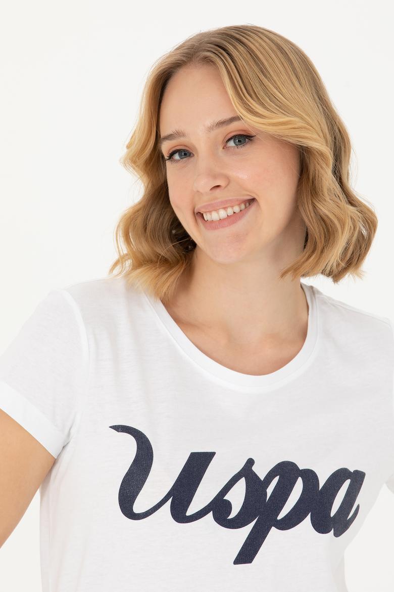 Kadın Beyaz Bisiklet Yaka Tişört - 50265676006