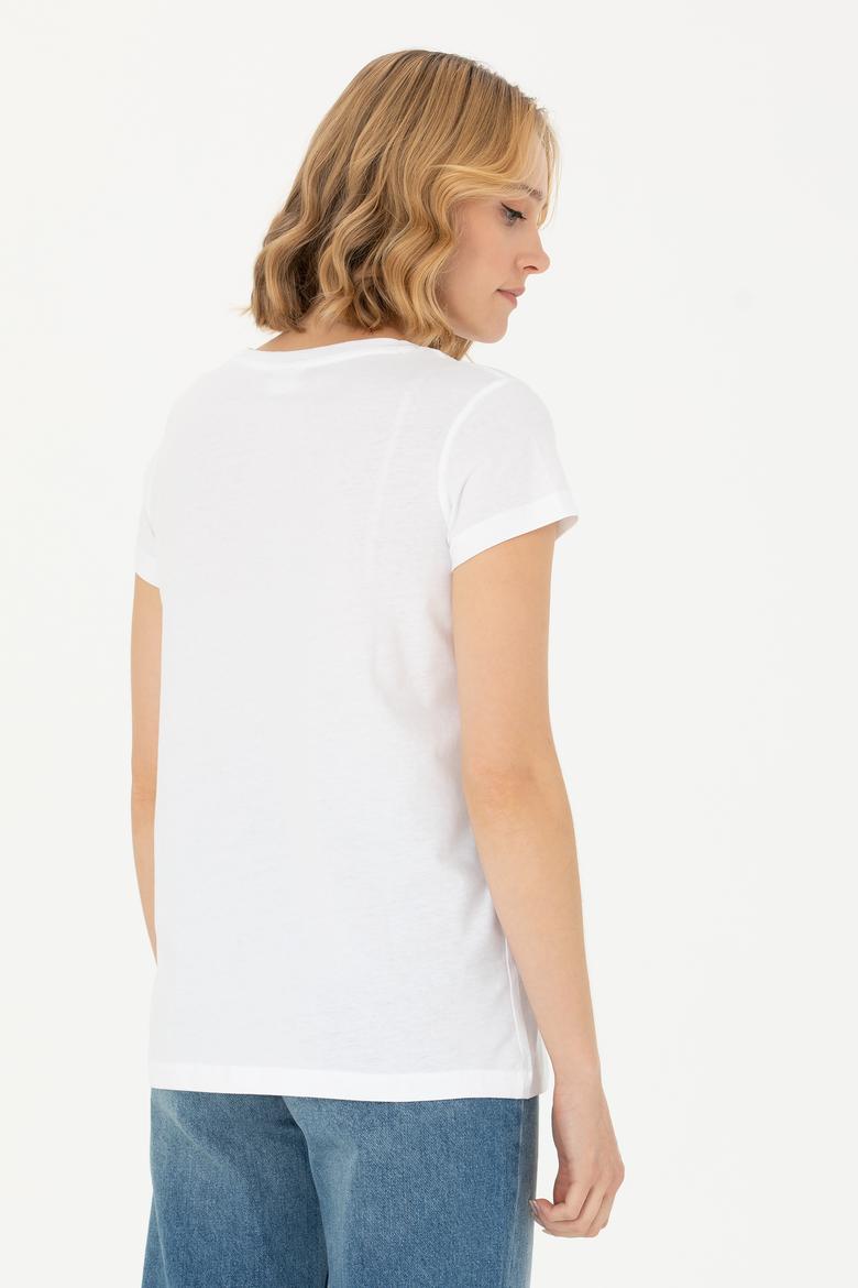 Kadın Beyaz Bisiklet Yaka Tişört - 50265676006