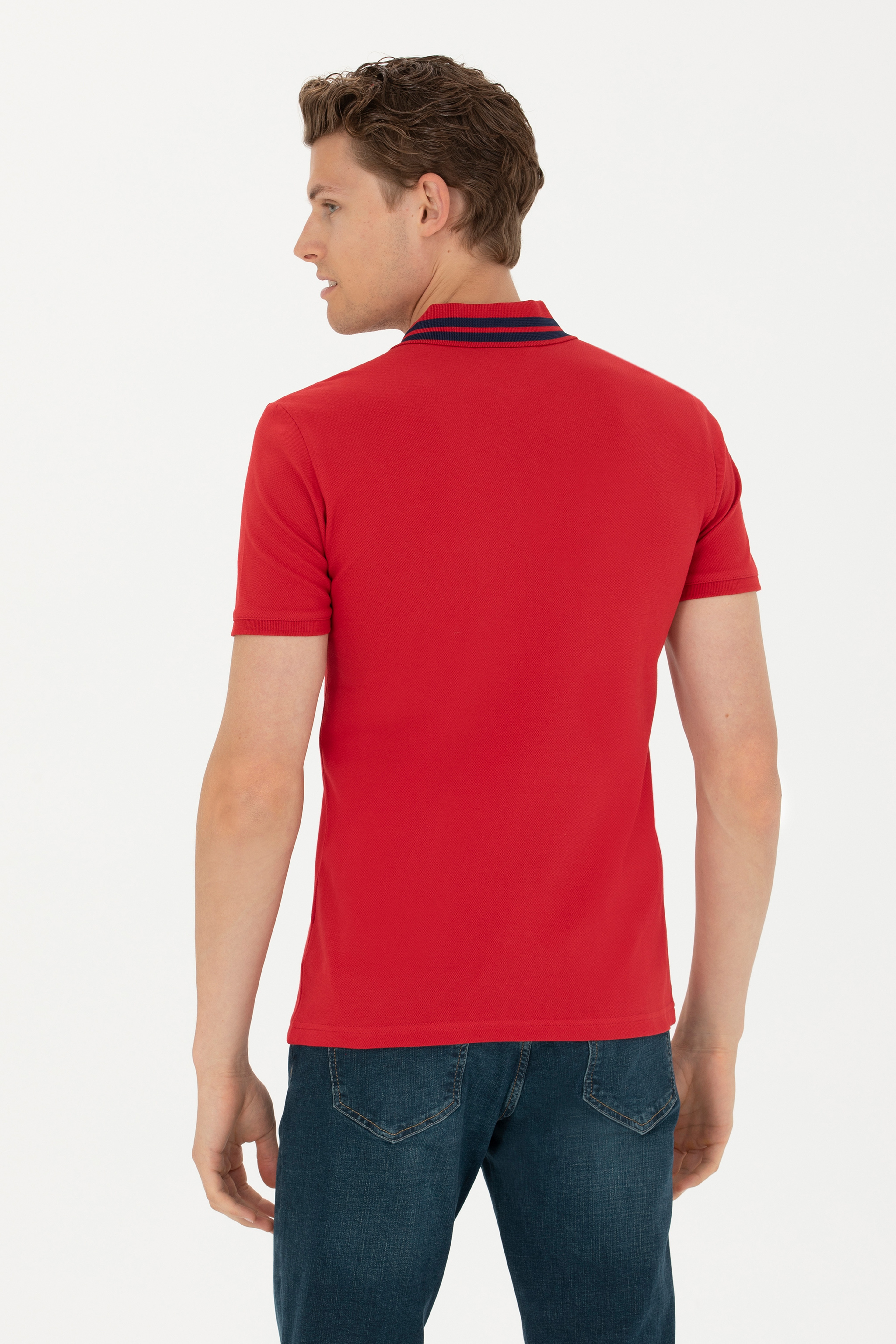 Erkek Kırmızı Basic Polo Yaka Tişört - Image 5