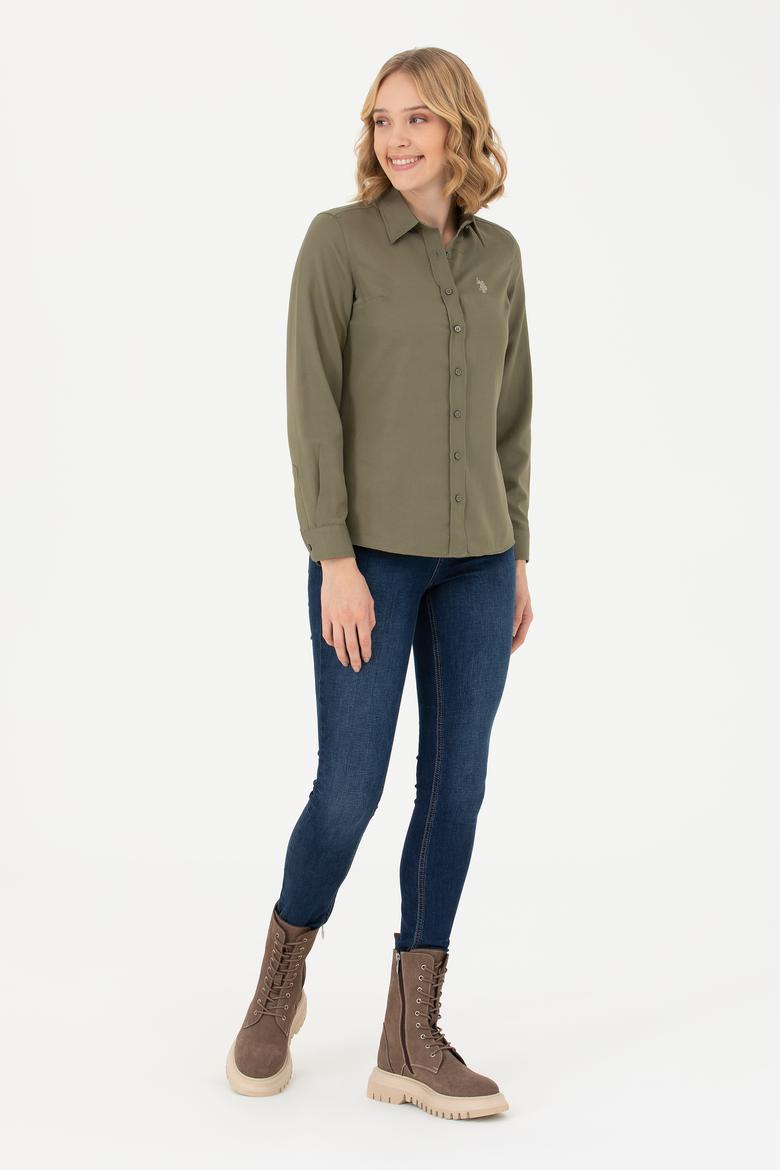 Kadın Koyu Haki Uzun Kollu Basic Gömlek - 50277630058