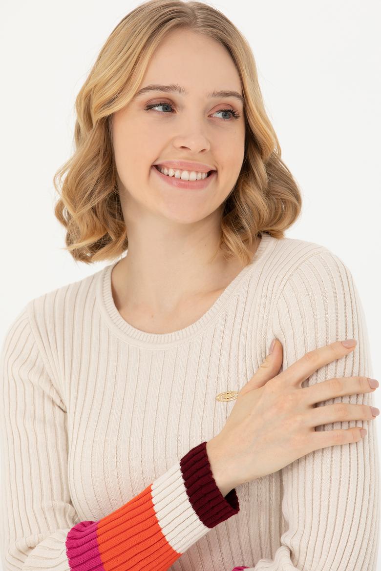 Kadın Krem Bisiklet Yaka Kazak - 50277306013