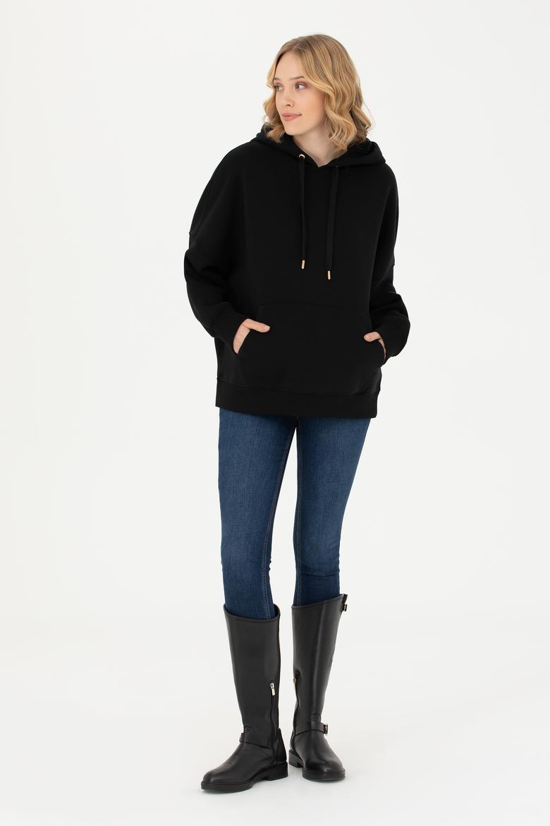Kadın Siyah Kapüşonlu Sweatshirt - 50273081028