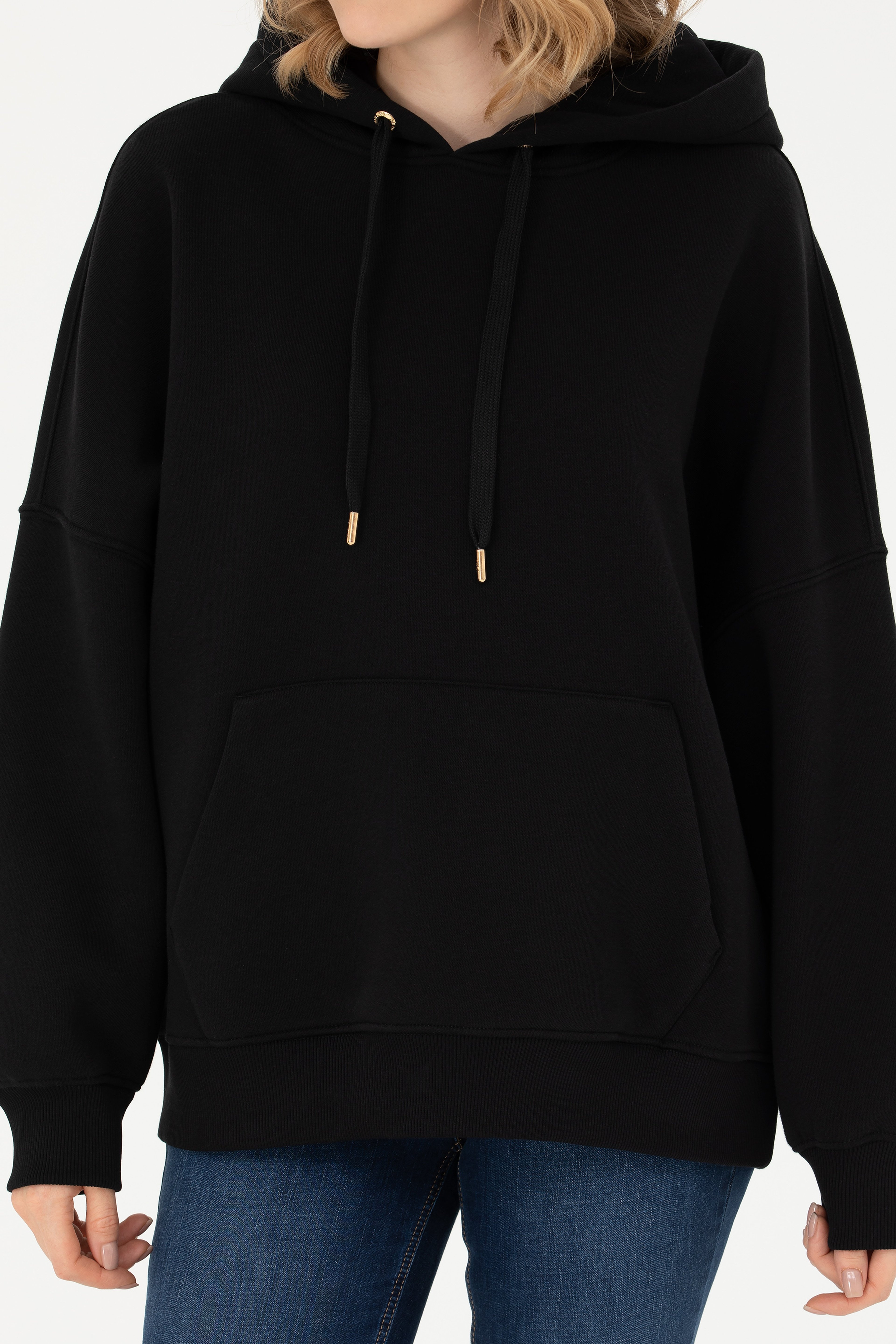 Kadın Siyah Kapüşonlu Sweatshirt - Image 6