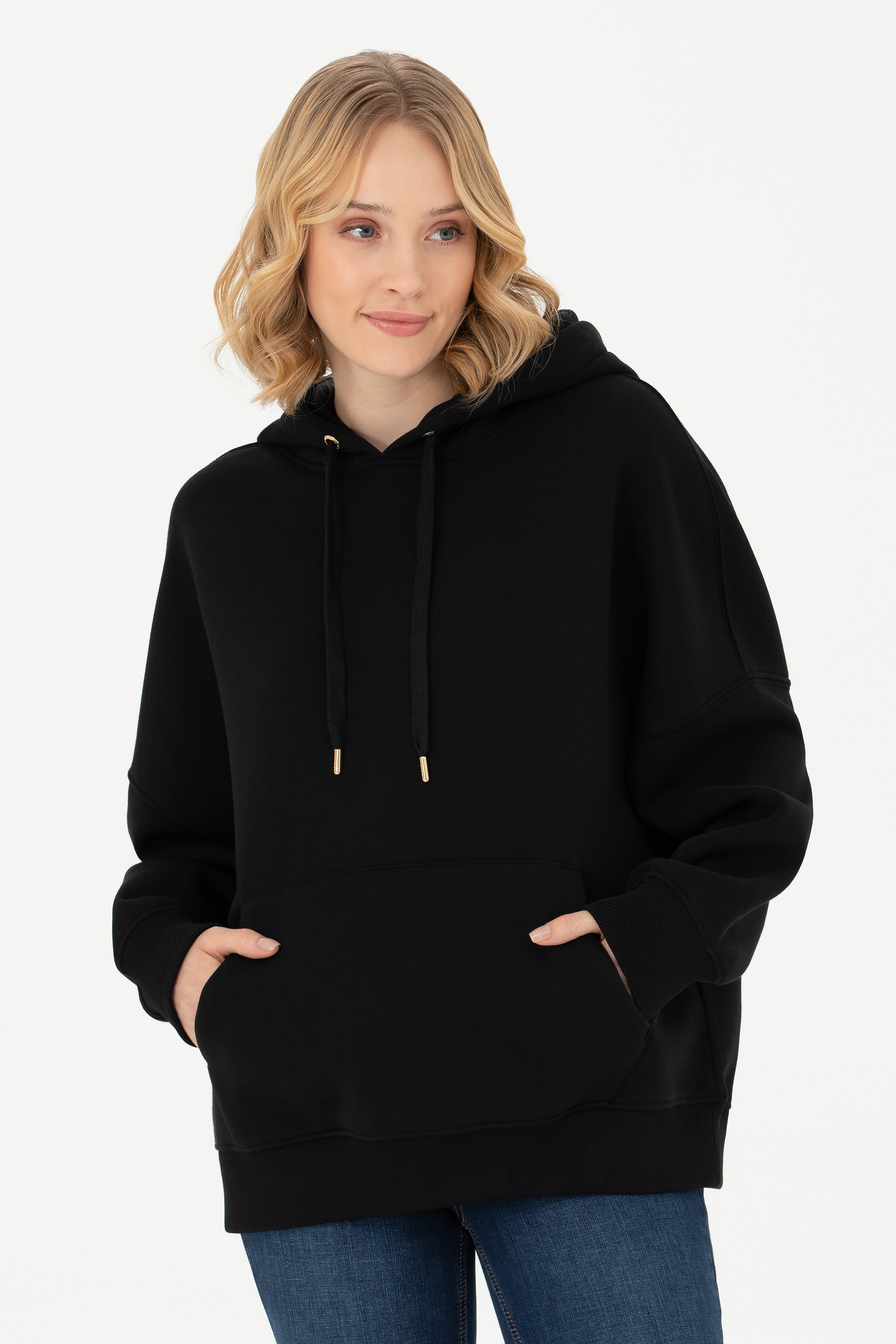 Kadın Siyah Kapüşonlu Sweatshirt - Image 1