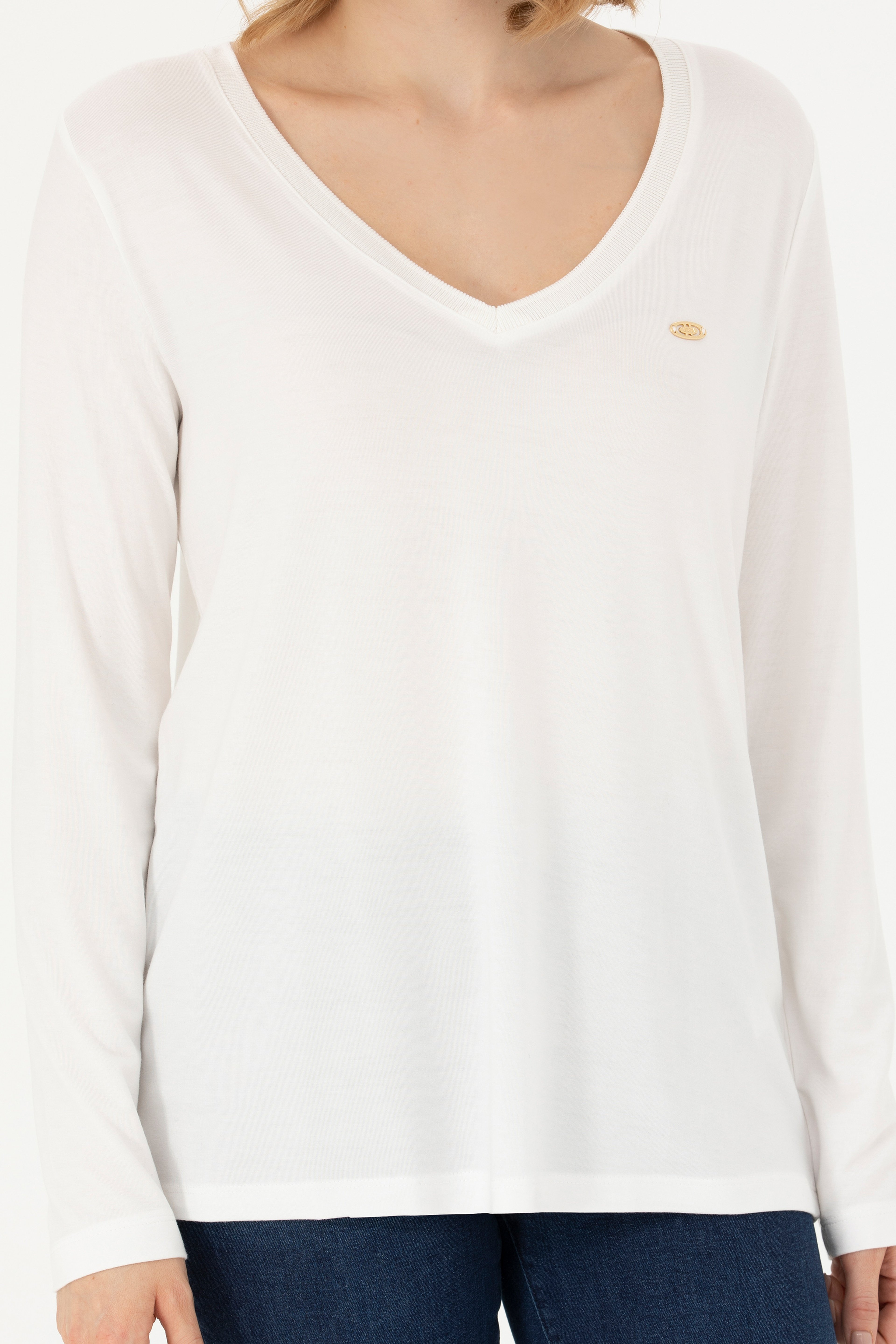 Kadın Ekru V Yaka Sweatshirt