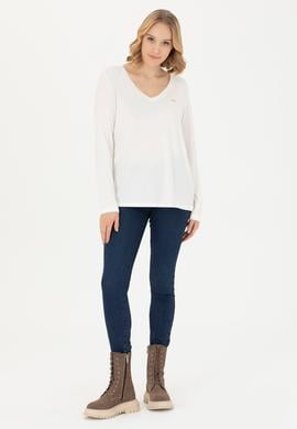 Kadın Ekru V Yaka Sweatshirt - 50271543021