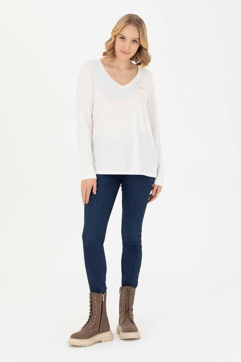 Kadın Ekru V Yaka Sweatshirt - 50271543021