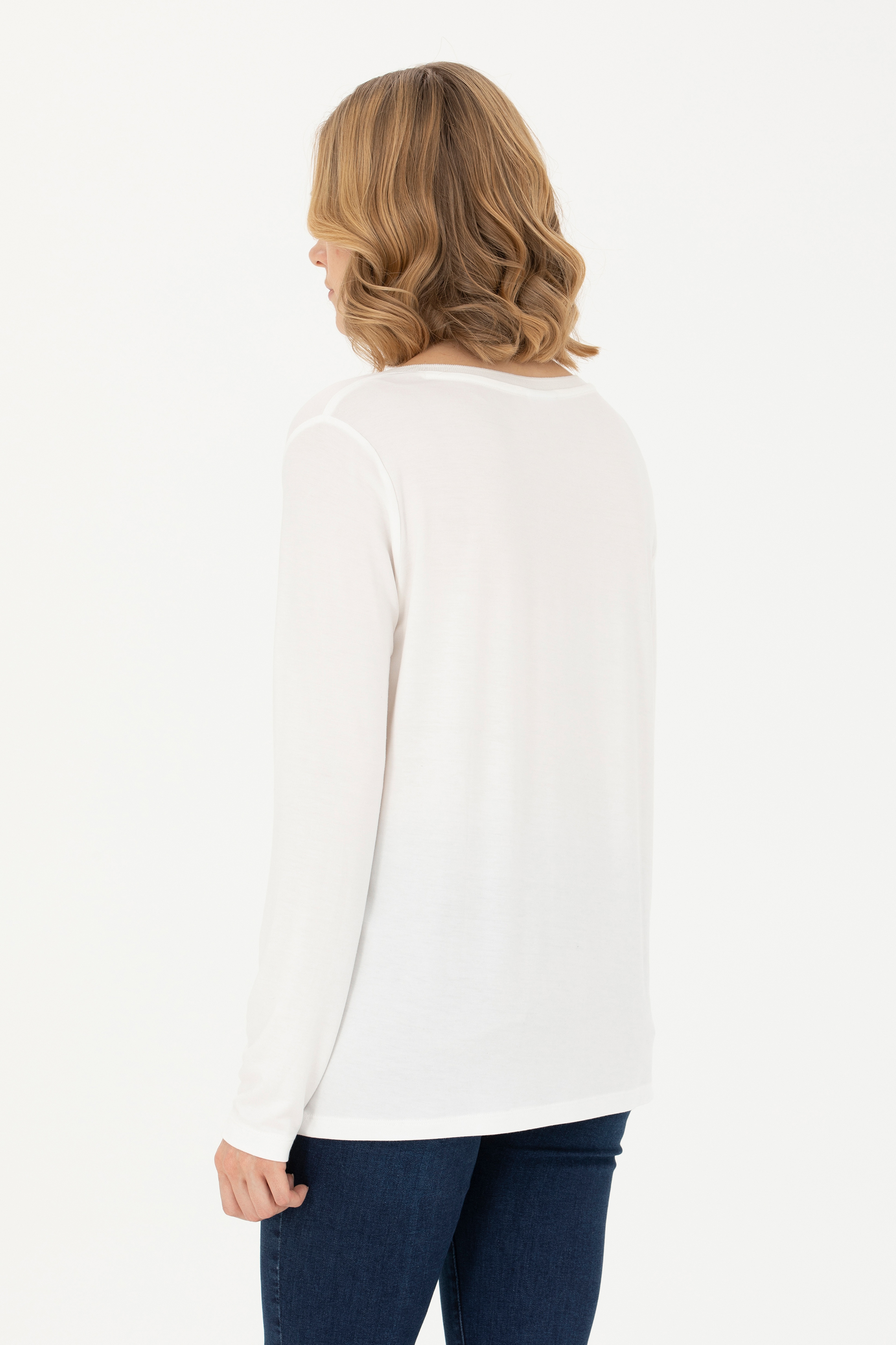 Kadın Ekru V Yaka Sweatshirt - Image 5