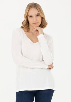 Kadın Ekru V Yaka Sweatshirt - 50271543021