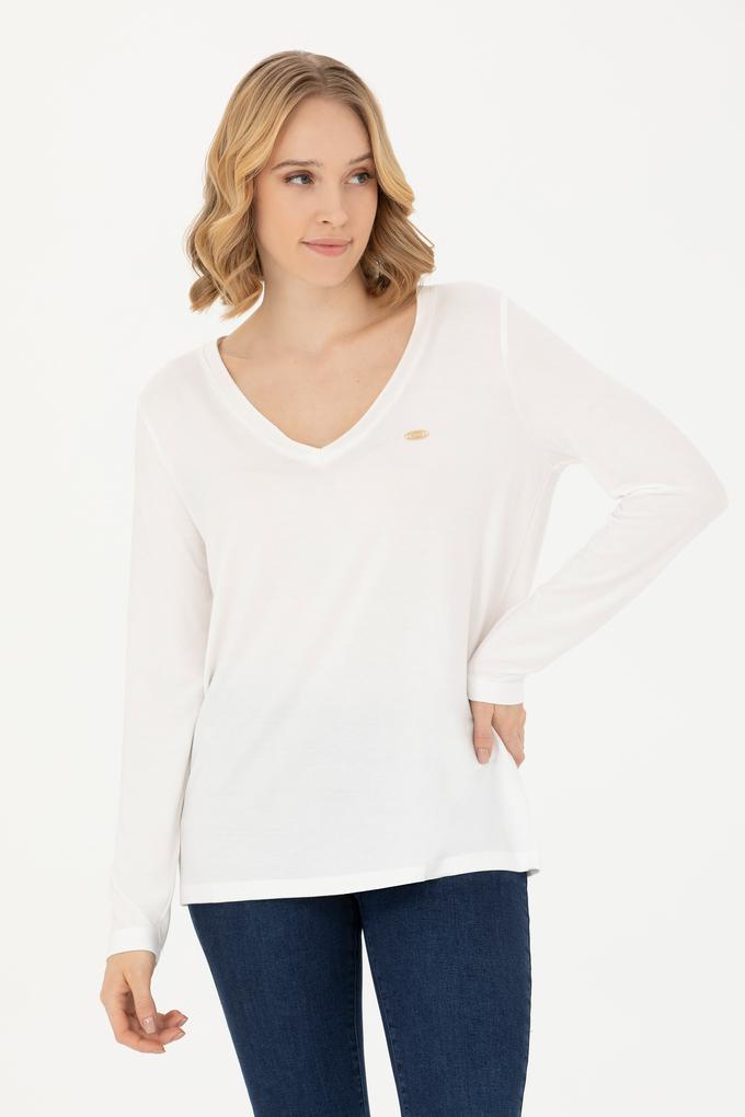 Kadın Ekru V Yaka Sweatshirt