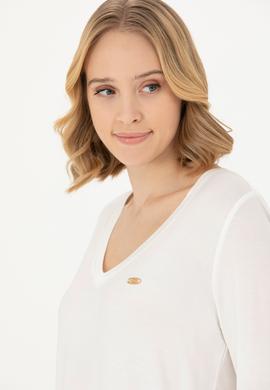 Kadın Ekru V Yaka Sweatshirt - 50271543021