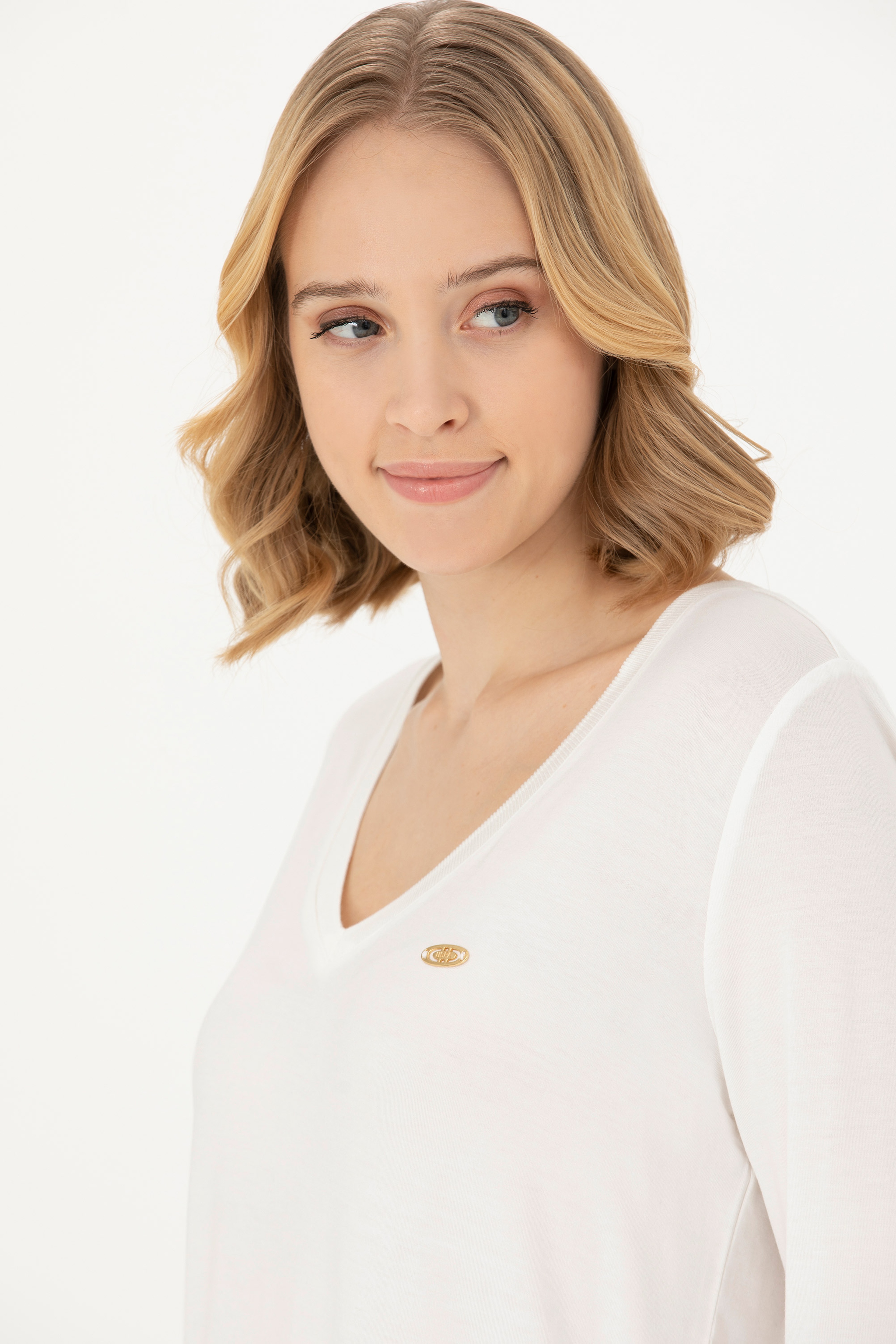 Kadın Ekru V Yaka Sweatshirt - Image 2