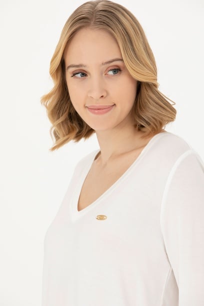 Kadın Ekru V Yaka Sweatshirt