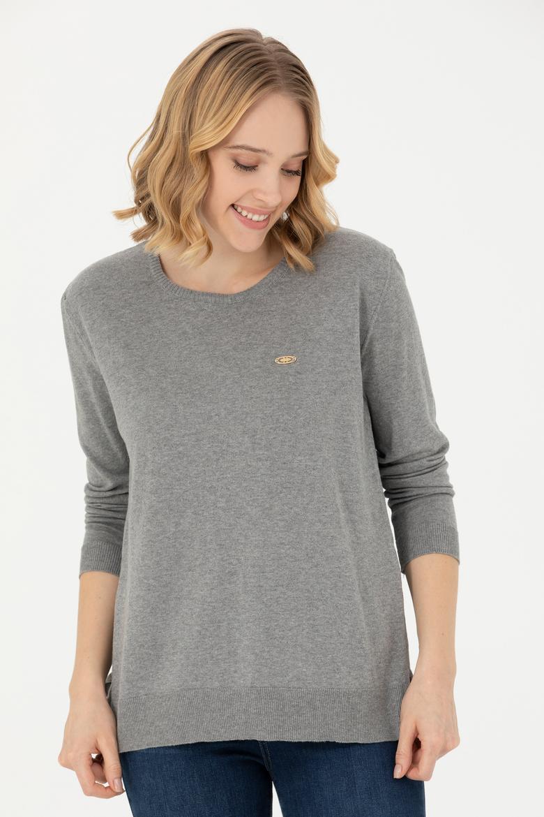 Kadın Gri Melanj Bisiklet Yaka Basic Kazak - 50277309010