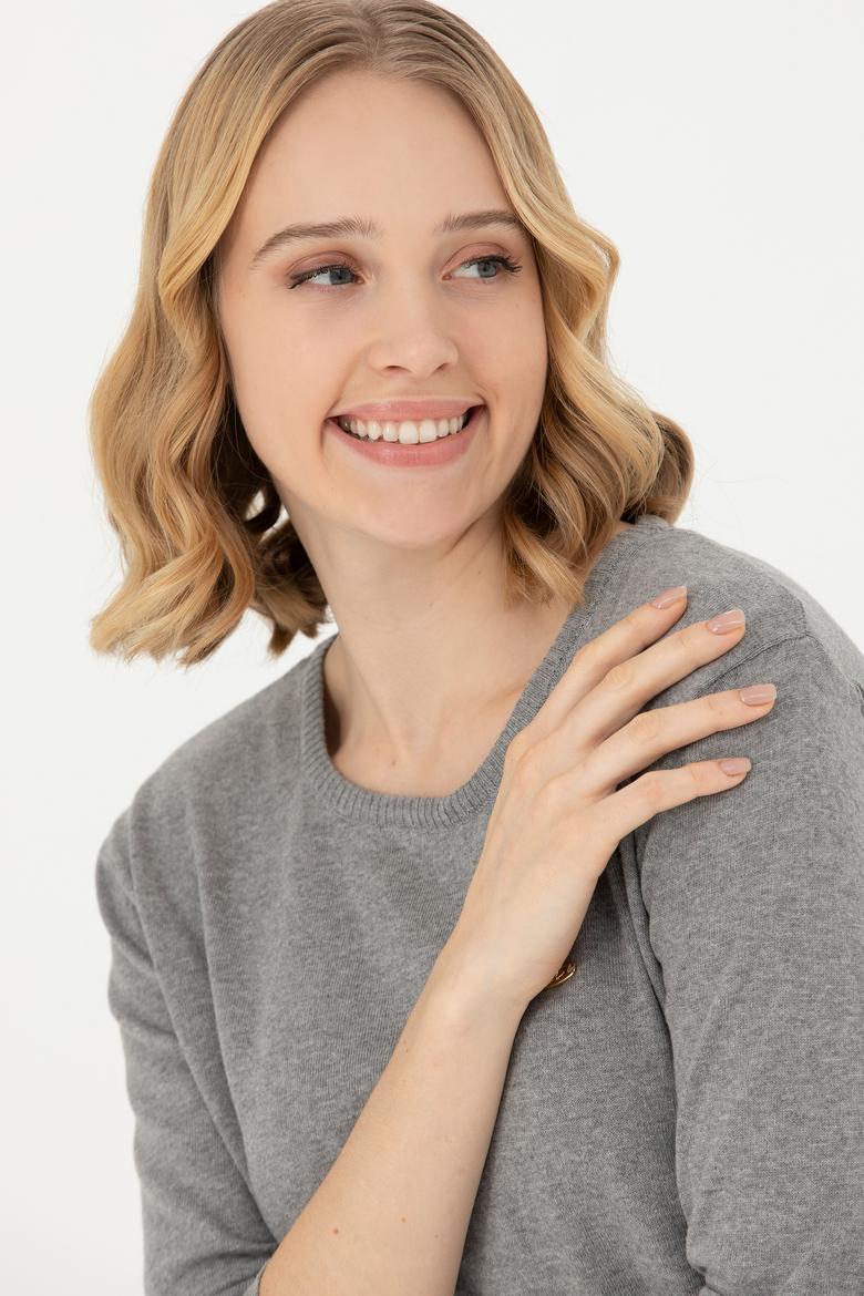 Kadın Gri Melanj Bisiklet Yaka Basic Kazak - 50277309010