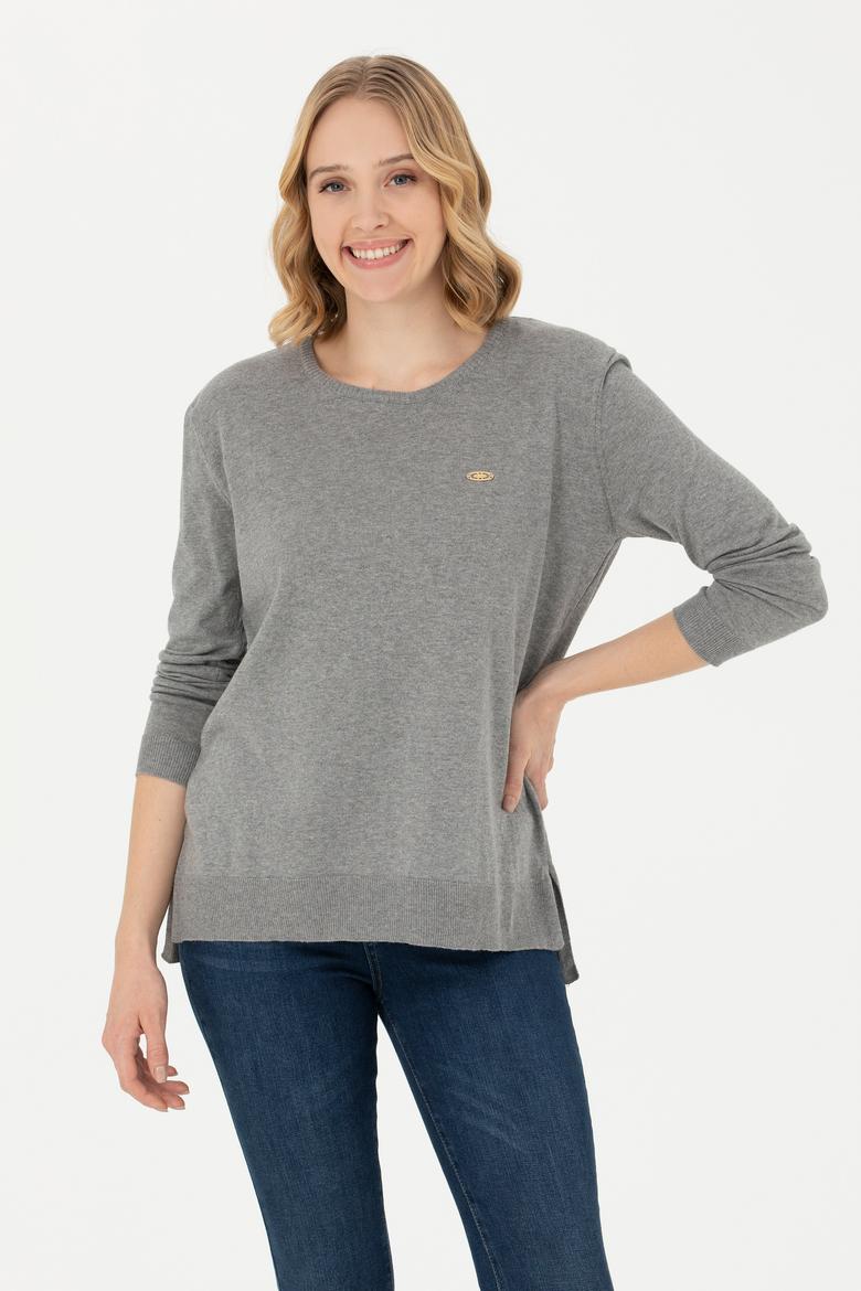 Kadın Gri Melanj Bisiklet Yaka Basic Kazak