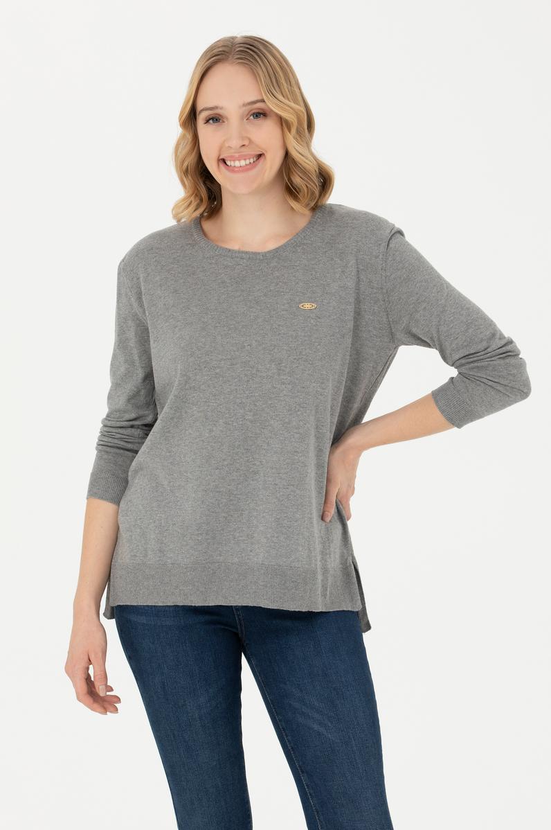 Kadın Gri Melanj Bisiklet Yaka Basic Kazak