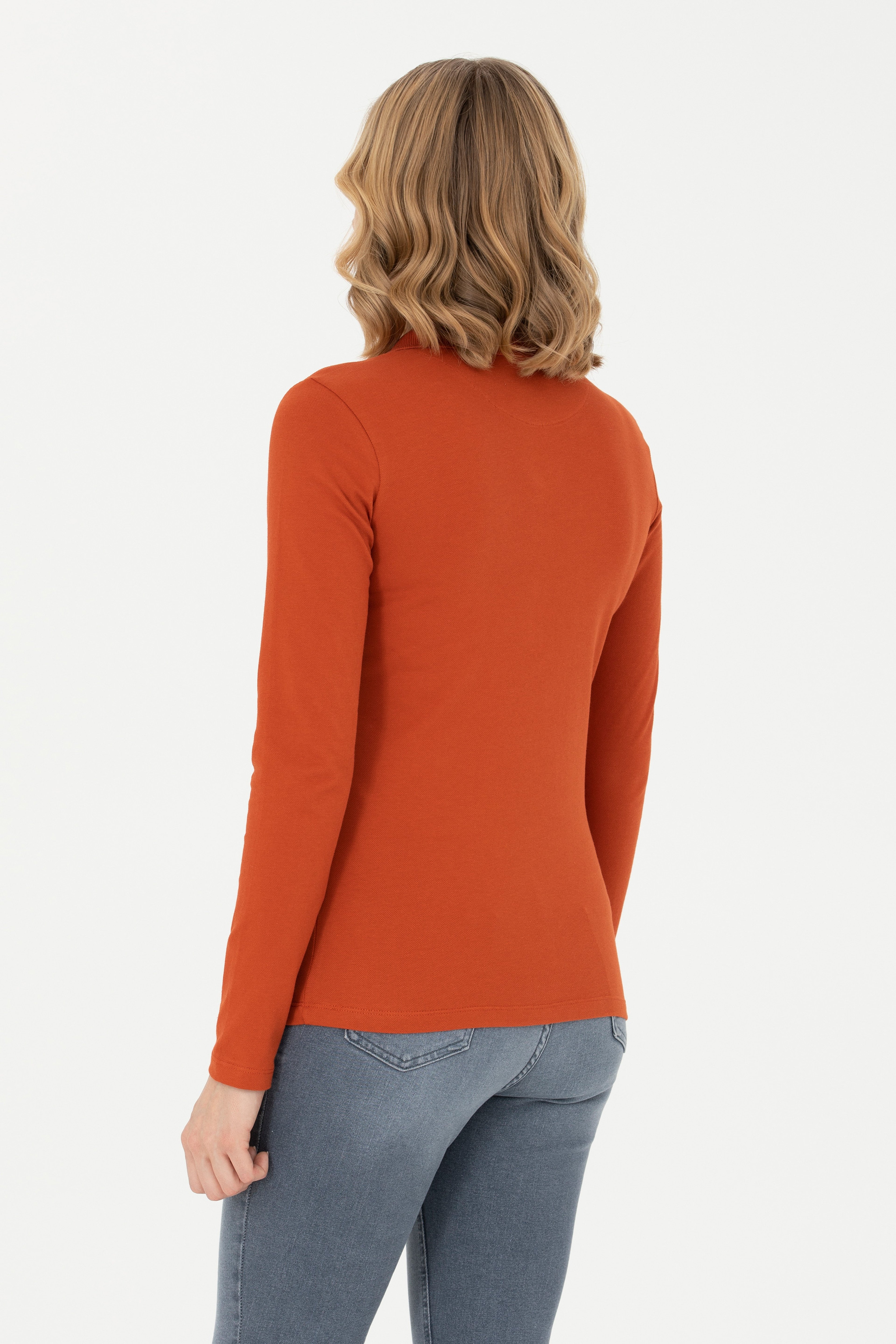 Kadın Kiremit Polo Yaka Basic Sweatshirt