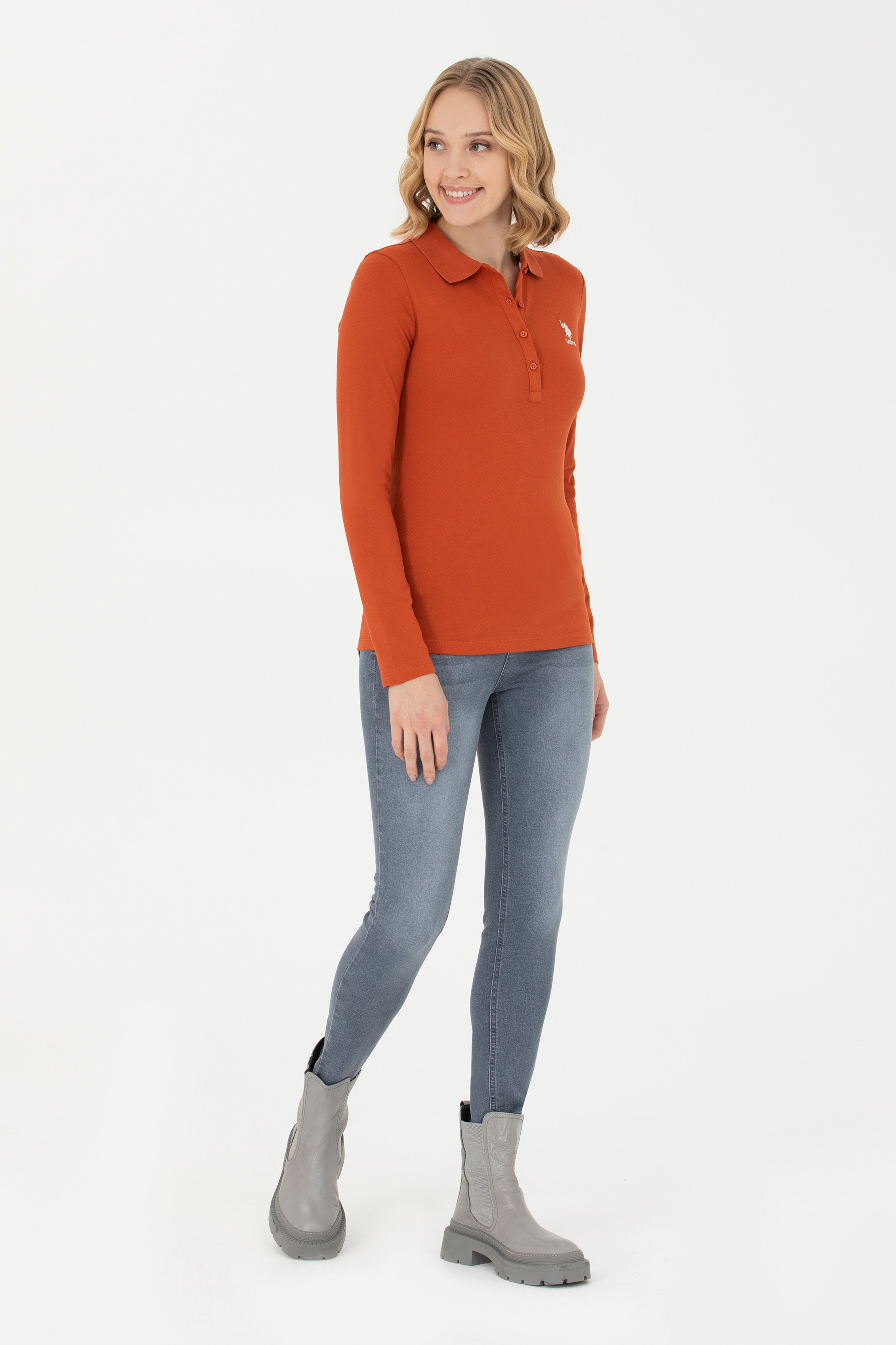 Kadın Kiremit Polo Yaka Basic Sweatshirt - Image 4