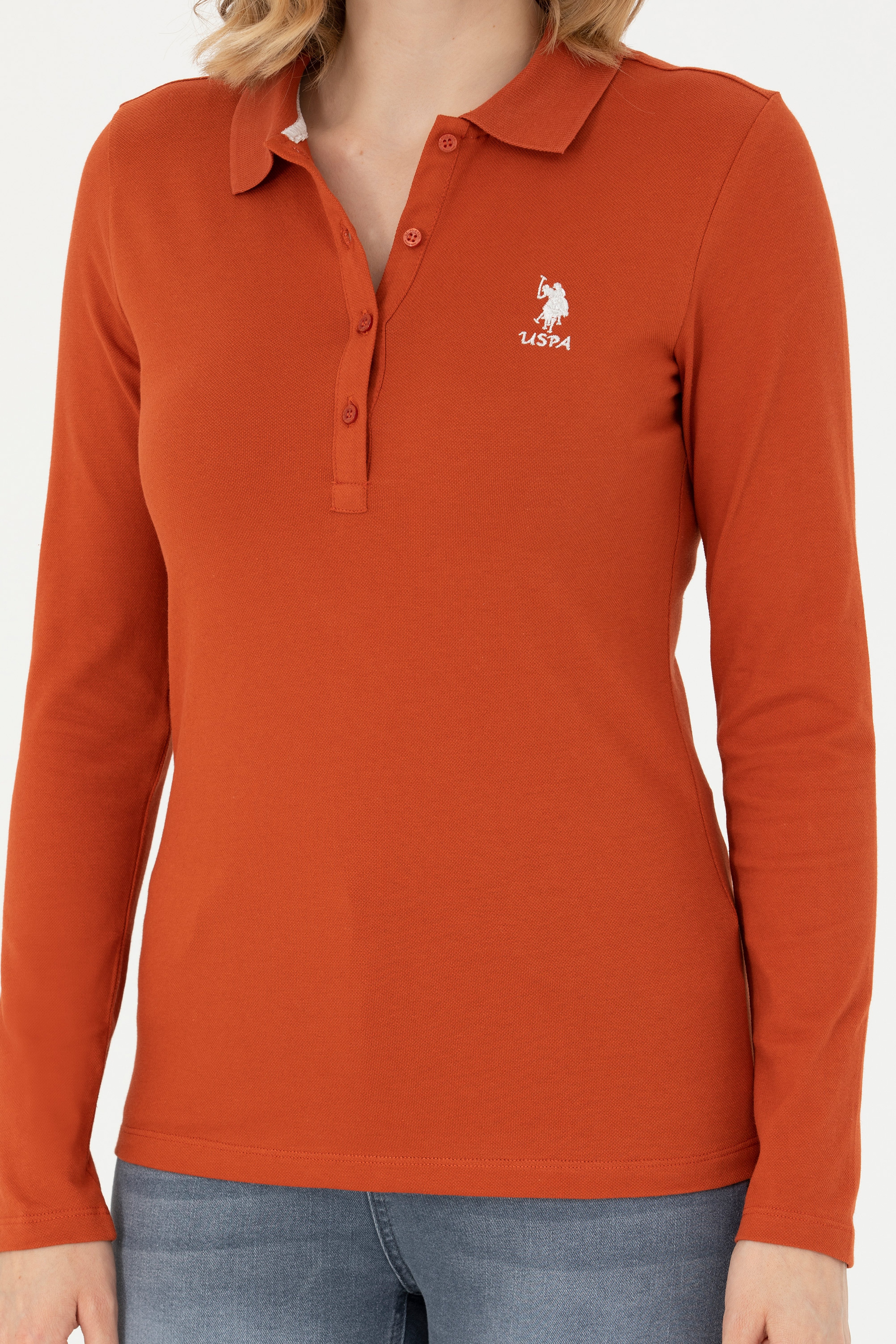 Kadın Kiremit Polo Yaka Basic Sweatshirt - Image 6