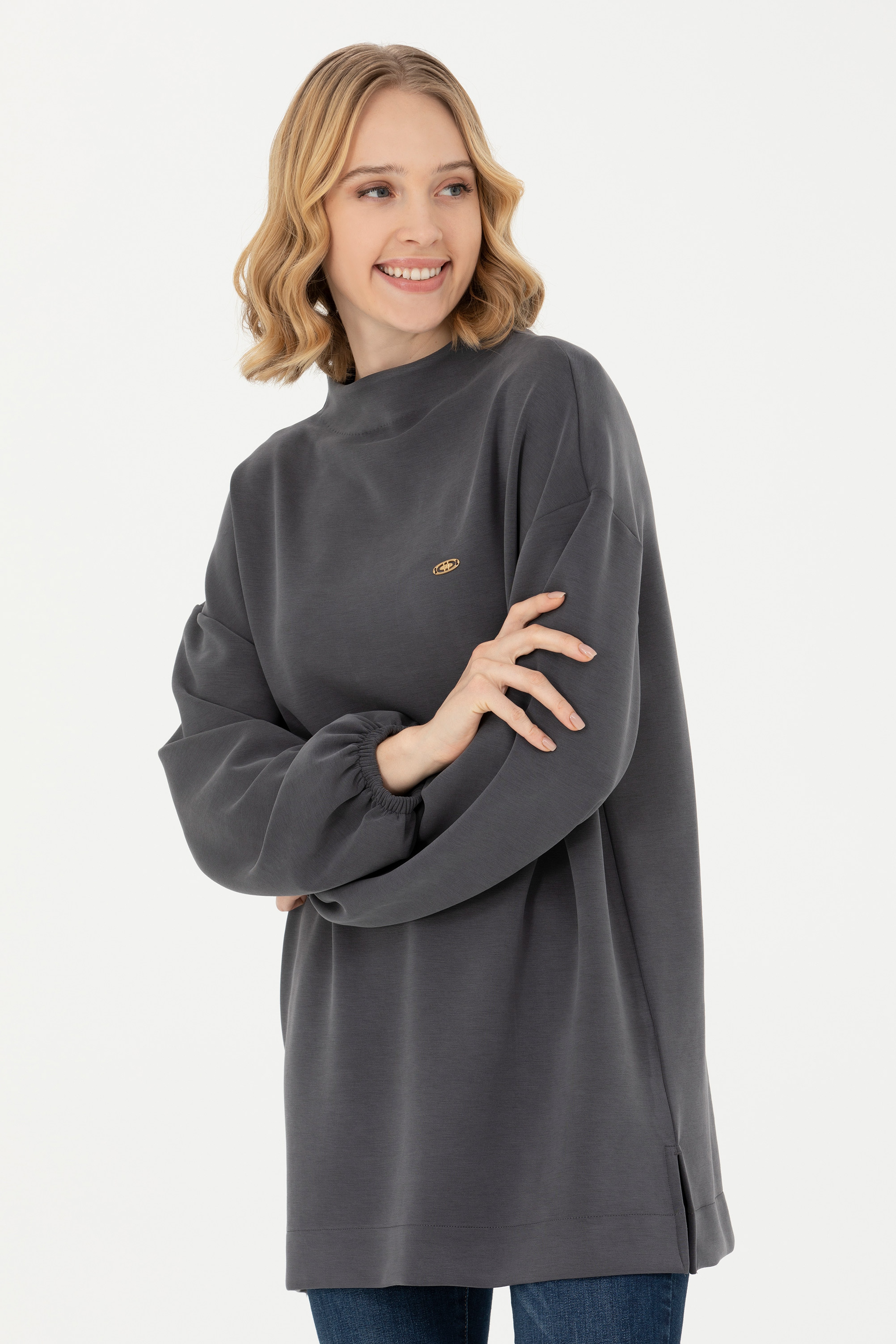 Kadın Antrasit Dik Yaka Sweatshirt
