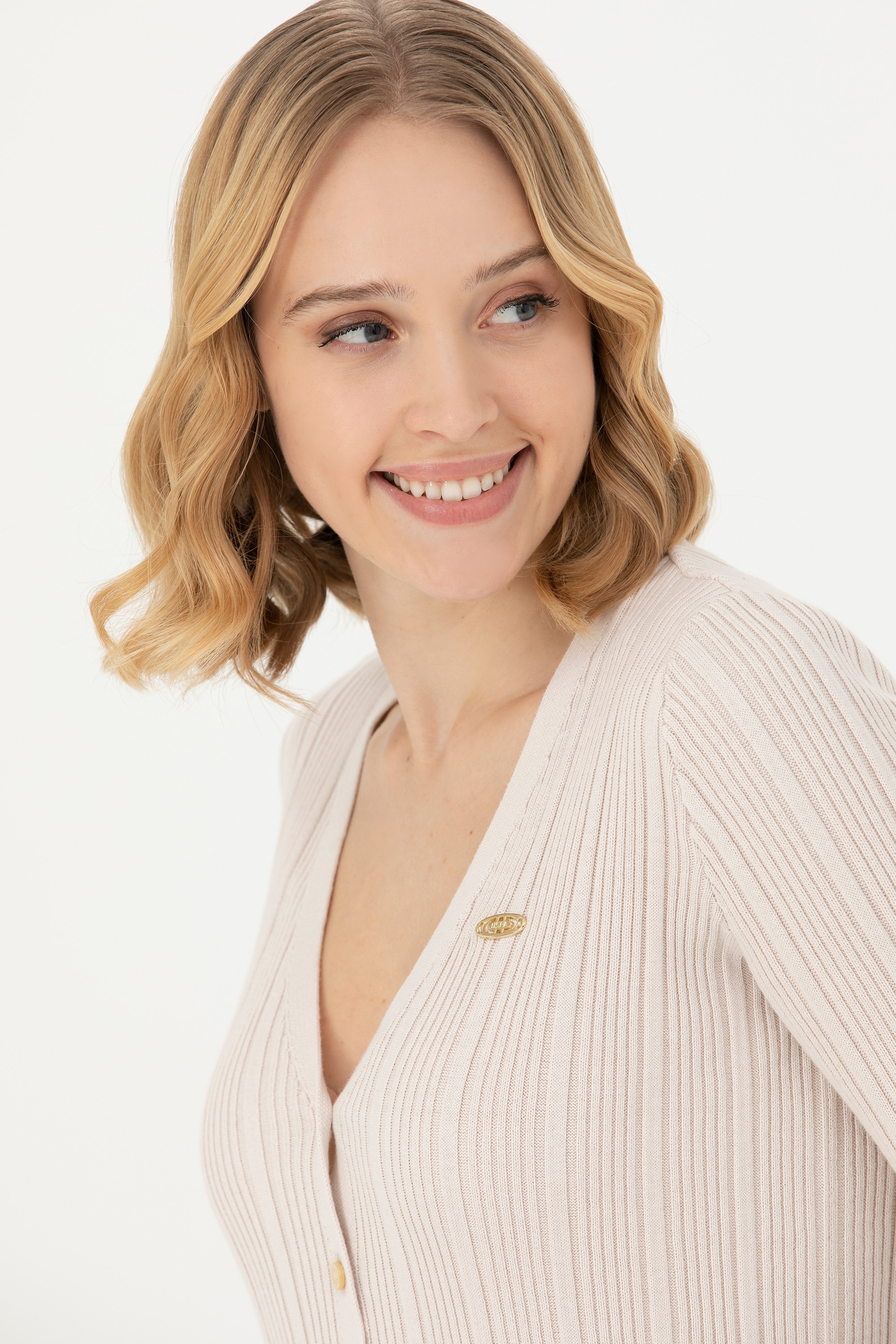 Kadın Krem Basic Triko Hırka - Image 2