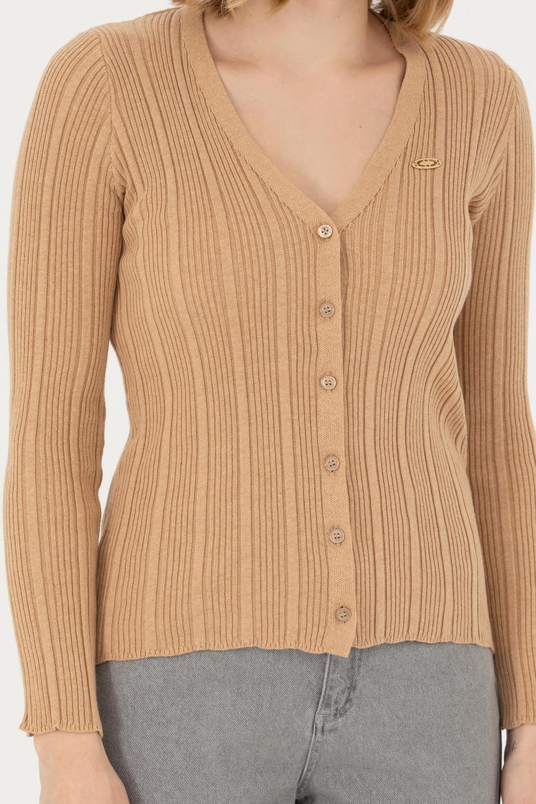 Kadın Kum Melanj Basic Triko Hırka - 50276235037