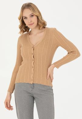 Kadın Kum Melanj Basic Triko Hırka - 50276235037