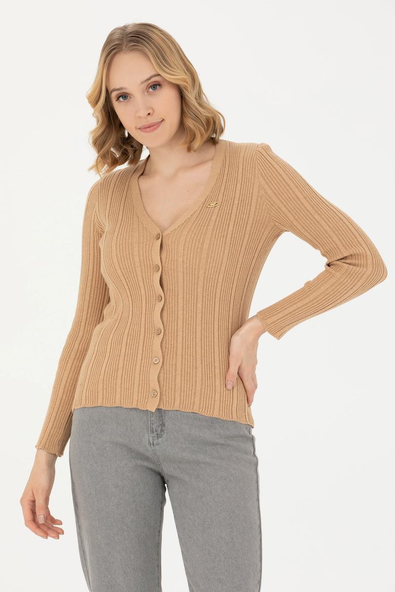 Kadın Kum Melanj Basic Triko Hırka - 50276235037