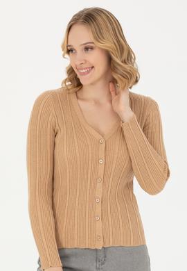 Kadın Kum Melanj Basic Triko Hırka - 50276235037