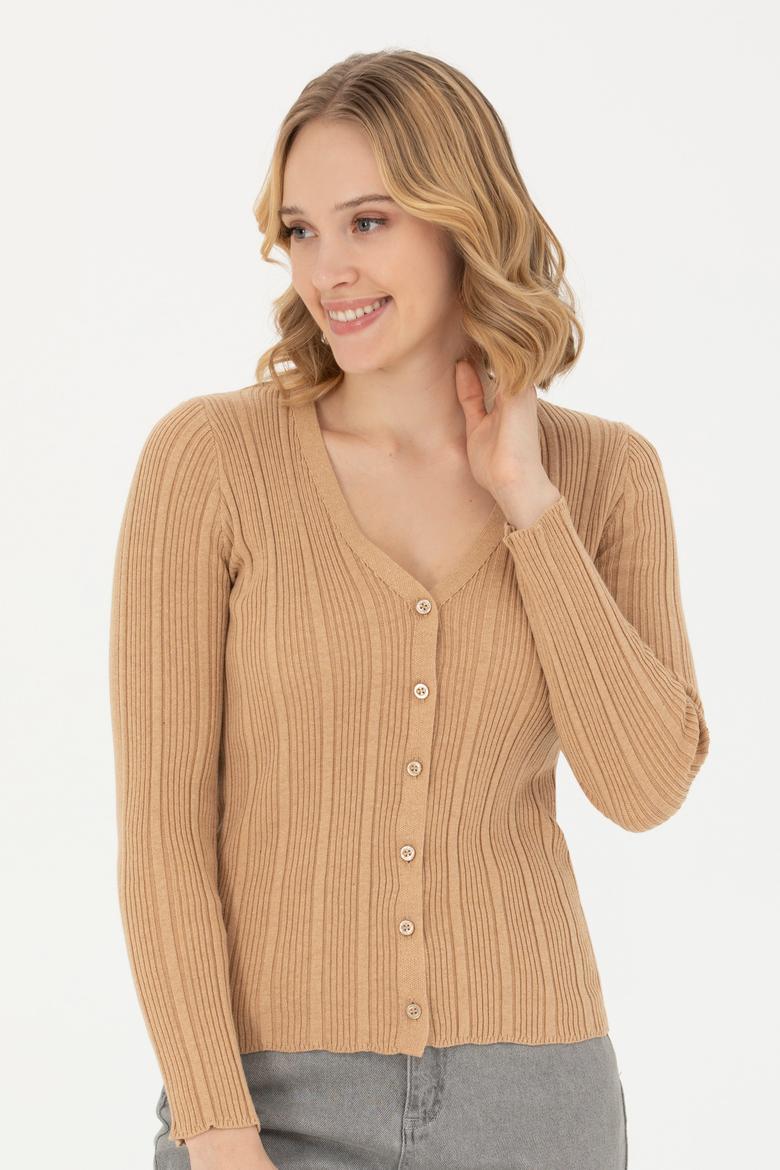 Kadın Kum Melanj Basic Triko Hırka - 50276235037