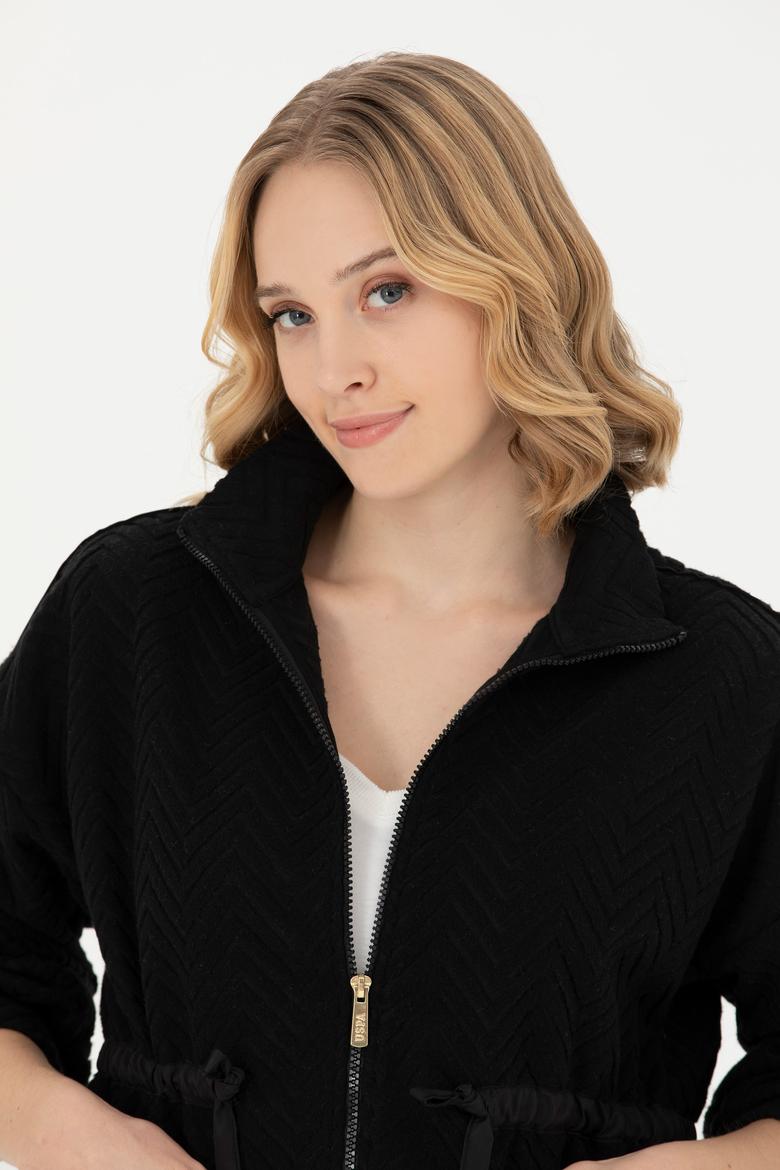 Kadın Siyah Fermuarlı Örme Hırka - 50276579008