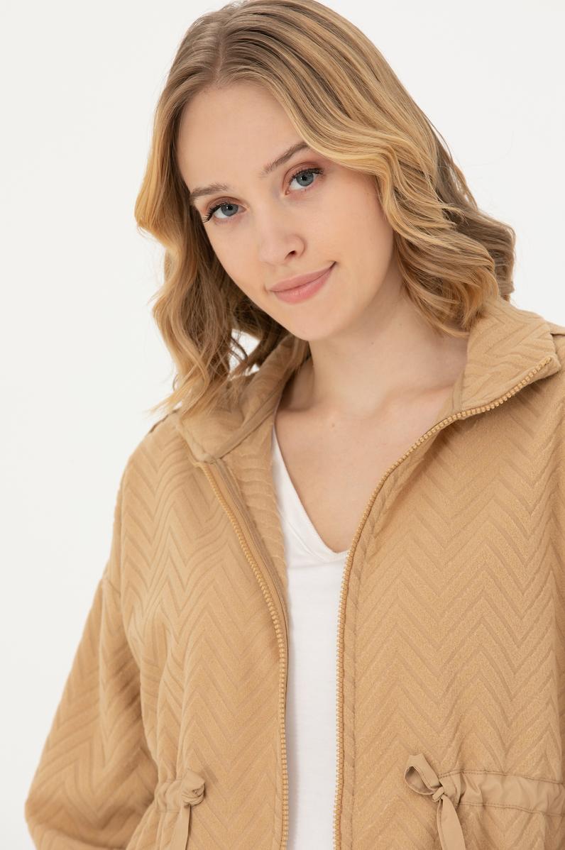 Kadın Kum Fermuarlı Örme Hırka