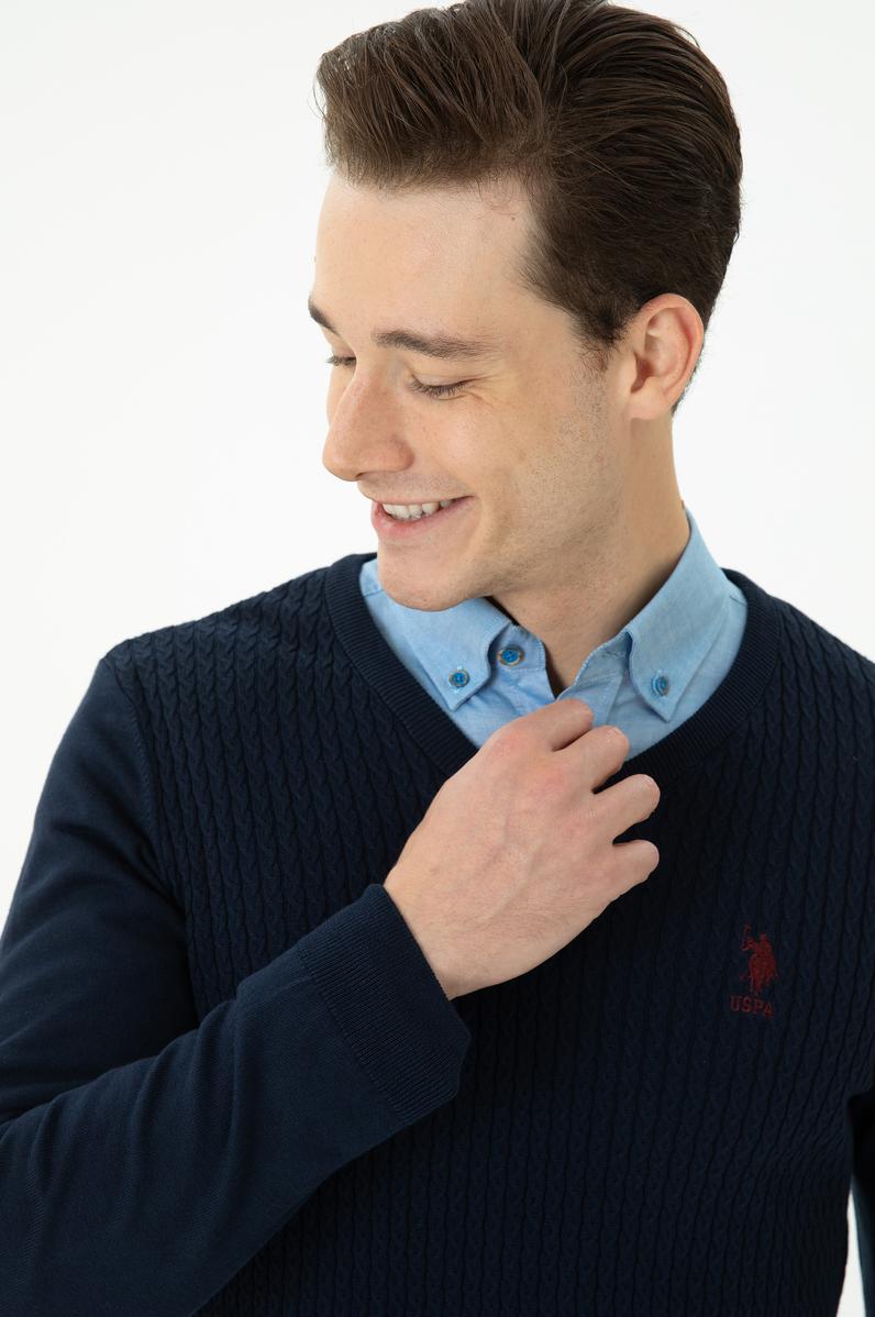 Erkek Lacivert V Yaka Kazak