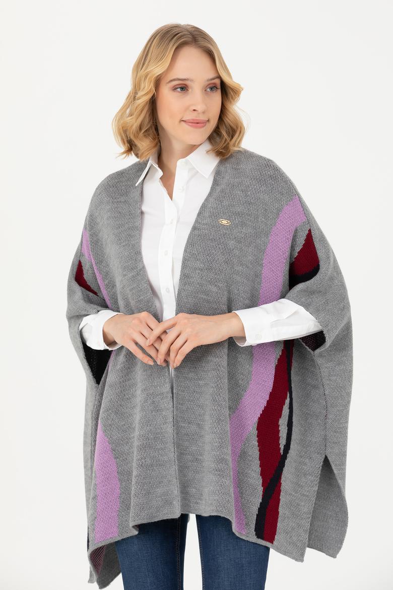 Kadın Gri Melanj Triko Panço - 50270458007