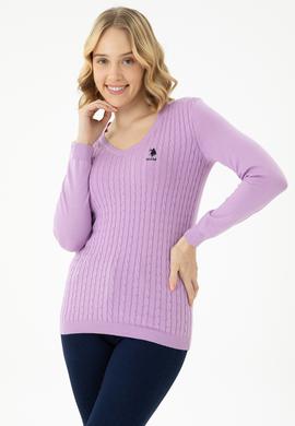 Kadın Lila V Yaka Basic Kazak - 50269017054