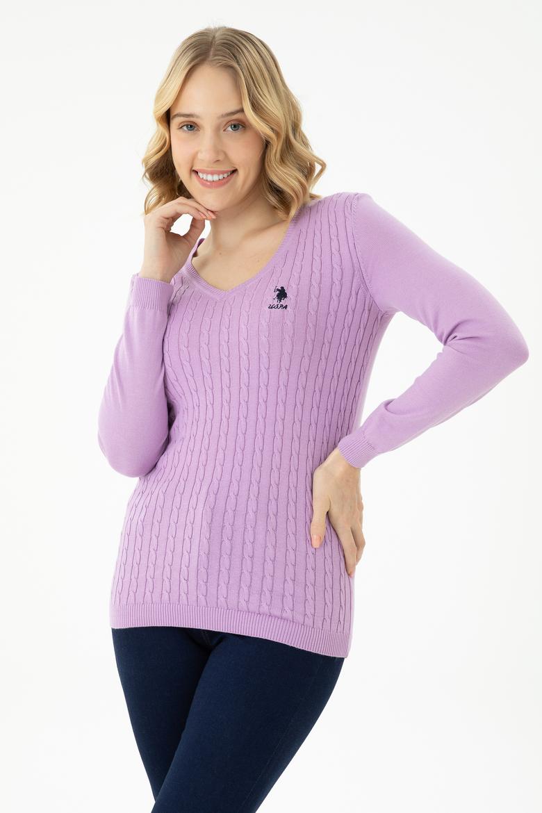 Kadın Lila V Yaka Basic Kazak - 50269017054