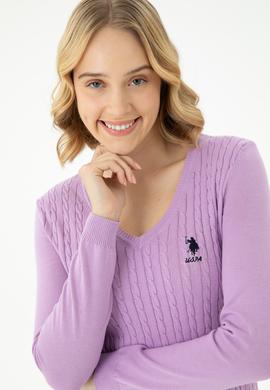 Kadın Lila V Yaka Basic Kazak - 50269017054