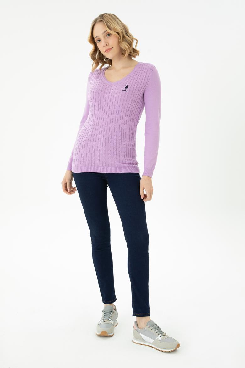 Kadın Lila V Yaka Basic Kazak - 50269017054