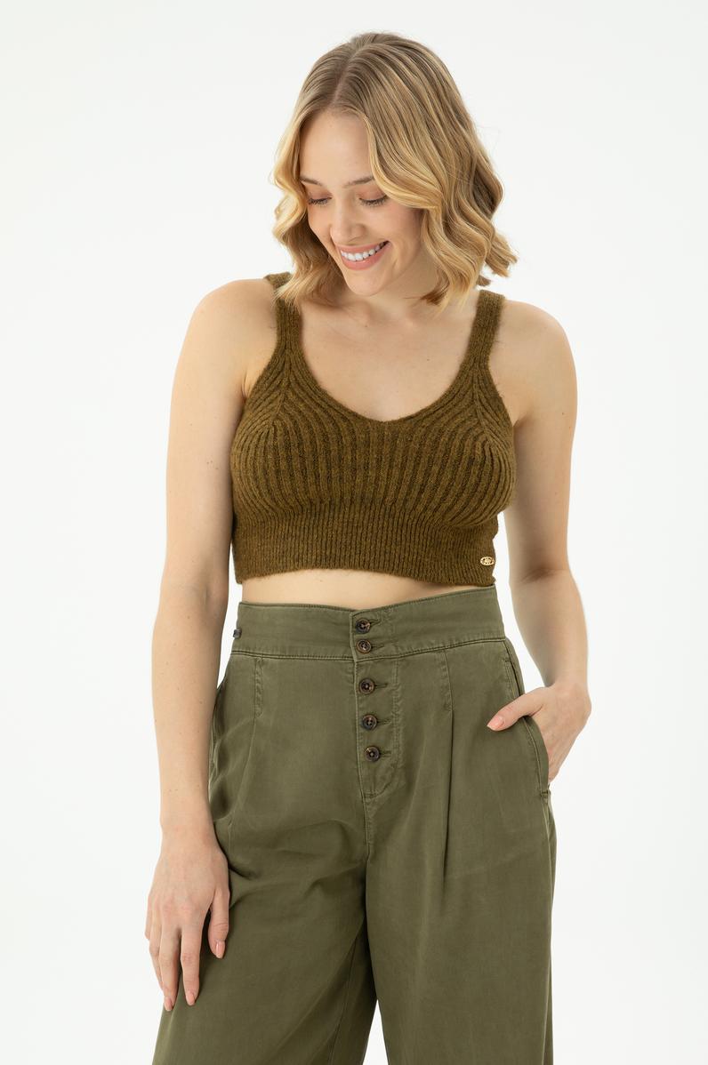 Kadın Açık Haki V Yaka Kazak