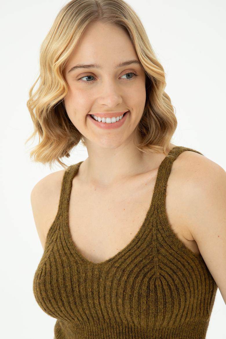 Kadın Açık Haki V Yaka Kazak - 50269506012