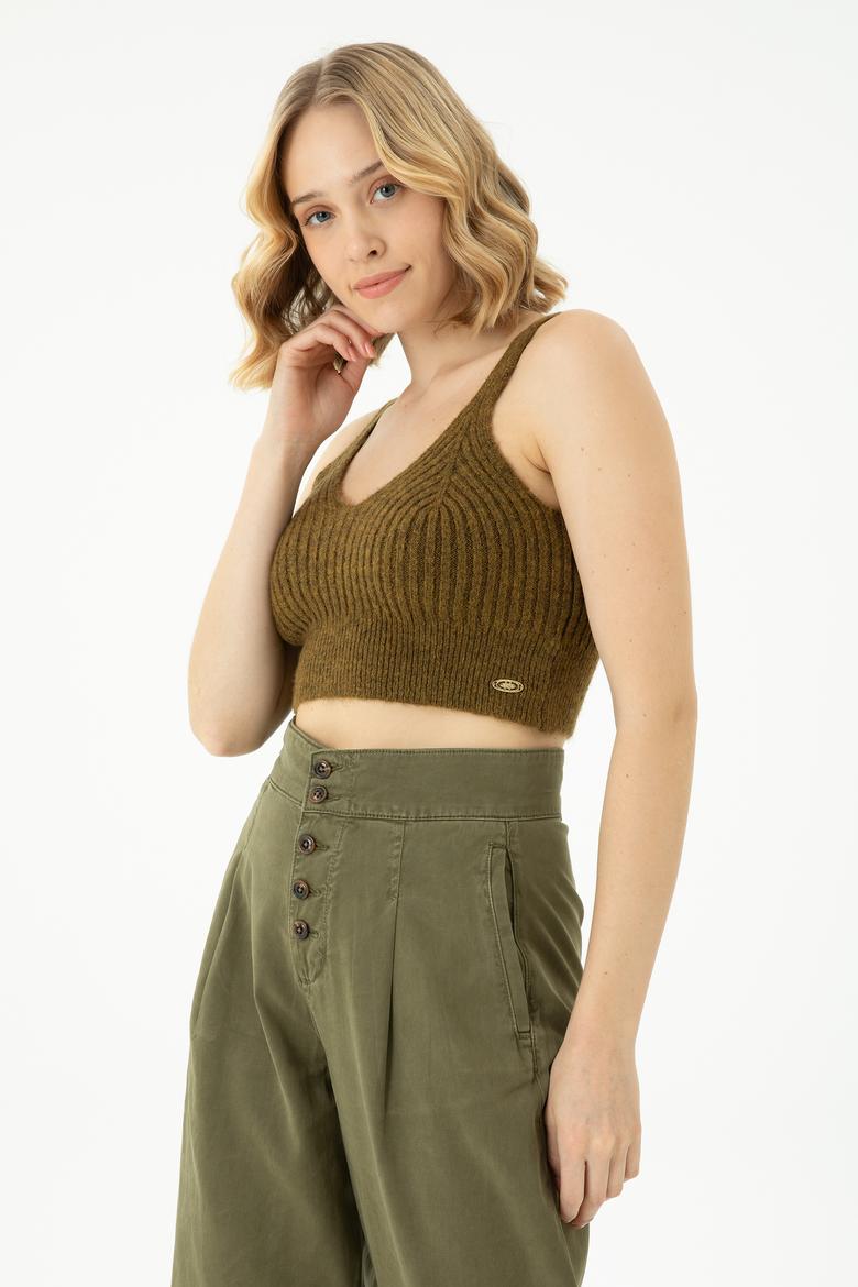 Kadın Açık Haki V Yaka Kazak - 50269506012