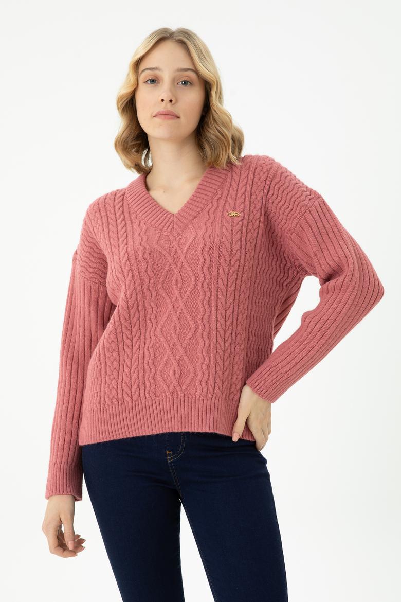 Kadın Pudra V Yaka Kazak - 50270427012