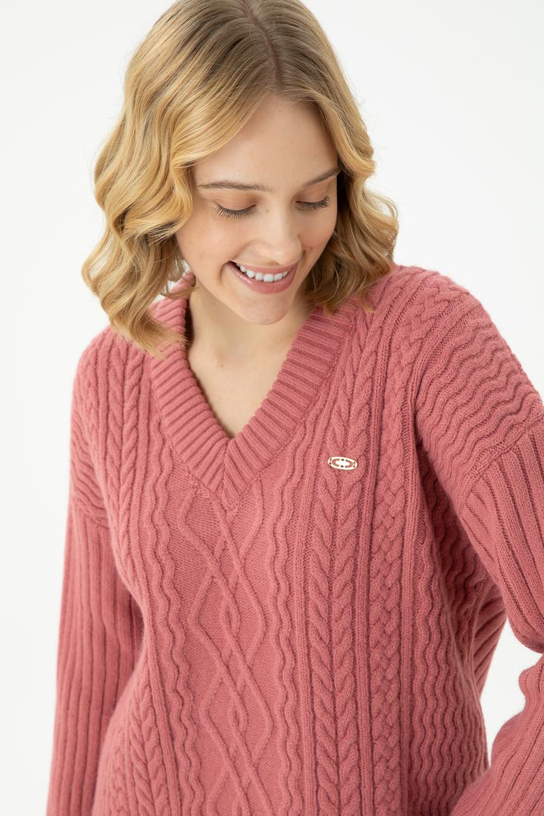 Kadın Pudra V Yaka Kazak - 50270427012