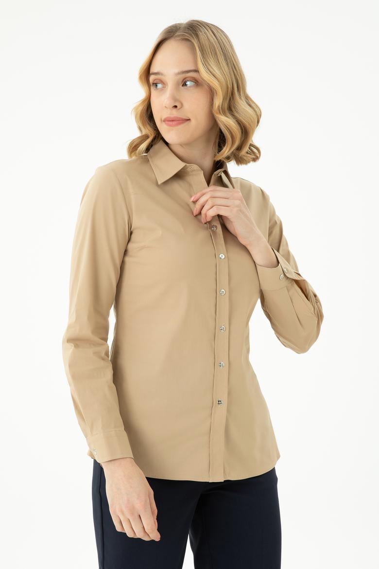 Kadın Kum Uzun Kollu Basic Gömlek - 50271264067