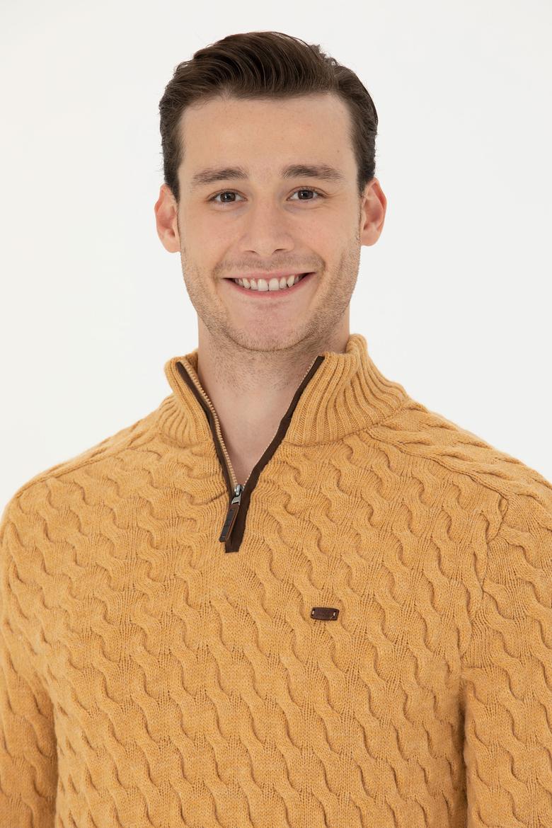 Erkek Kum Melanj Yarım Fermuarlı Kazak - 50270989034